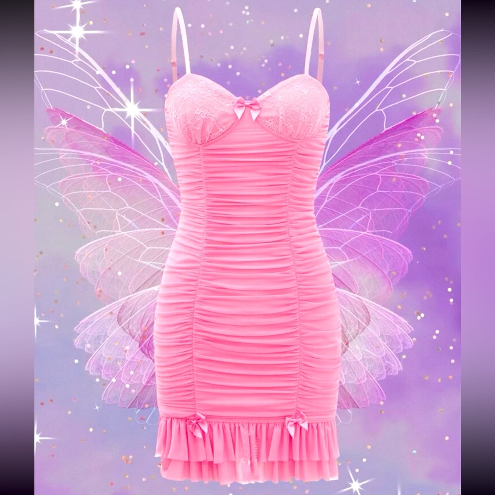 Kawaii Pink Ruched Mini Dress